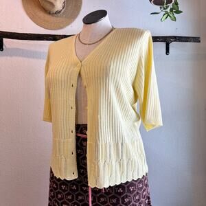 Vintage 90s Pale Yellow Beaded Woven Knit Short Sleeve Cardigan Sweater Size XL
